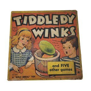 Vintage 1939 Tiddledy Winks Game A Gold Medal Toy with Glass Cup